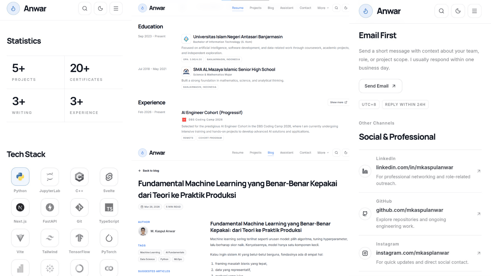 Anwarz.dev - Personal Portfolio Website & AI Assistant preview